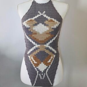 Gray and Brown Crochet Halter Dress